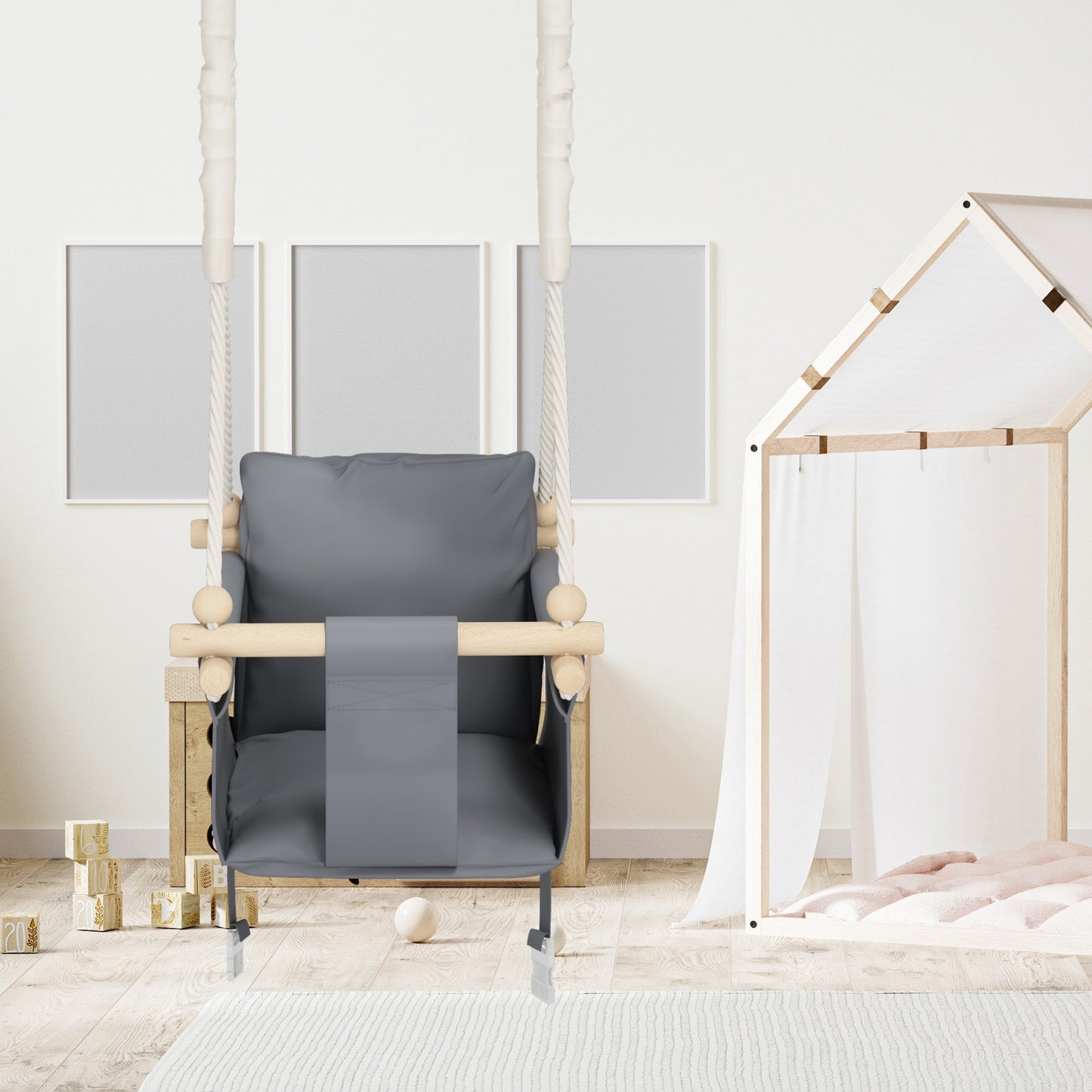 MAMOI® Wooden baby swing seat for toddlers Grey, Indoor toddler swings chair from birth, Kids baby bouncer for garden, Child rocker swing set from 8 months-3