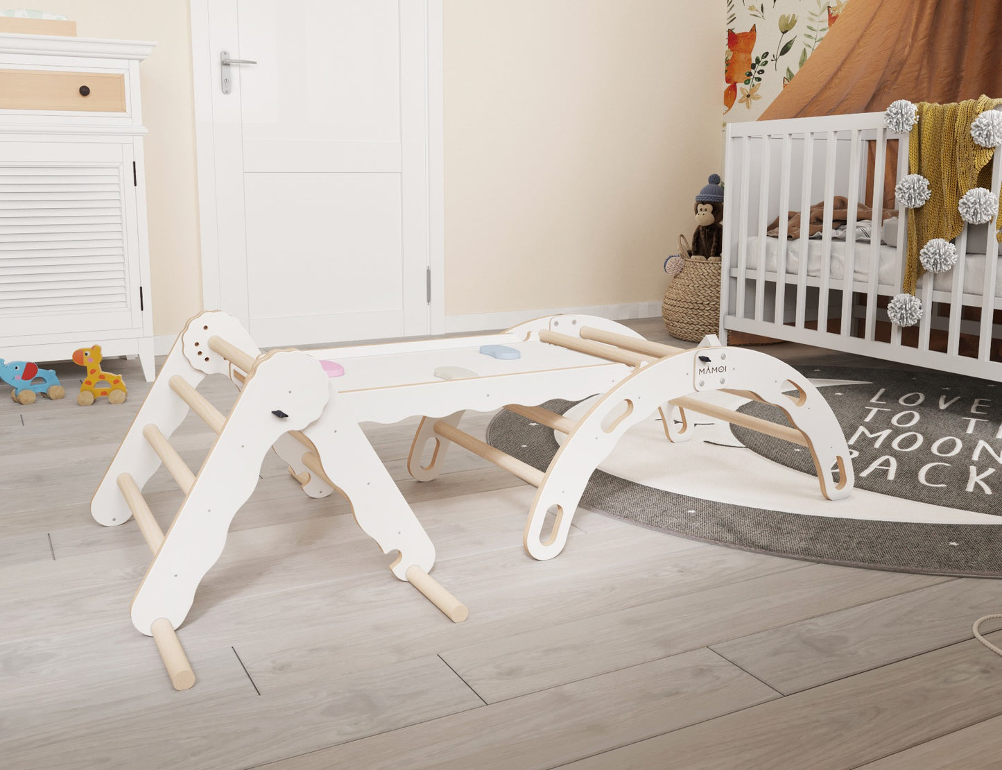 MAMOI® Set: Climbing triangle + Cradle + Slide for children | Climbing frame and slide for kids minimalist design | Yarnwood triangle for toddlers with slide 100% ECO | Made in EU-1