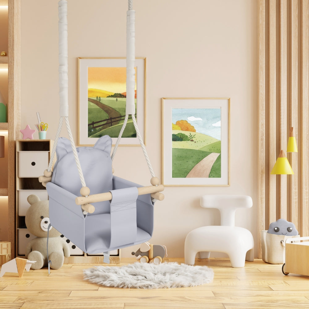 MAMOI® Wooden baby swing seat for toddlers Light grey, Indoor toddler swings chair from birth, Kids baby bouncer for garden, Child rocker swing set from 8 months-4