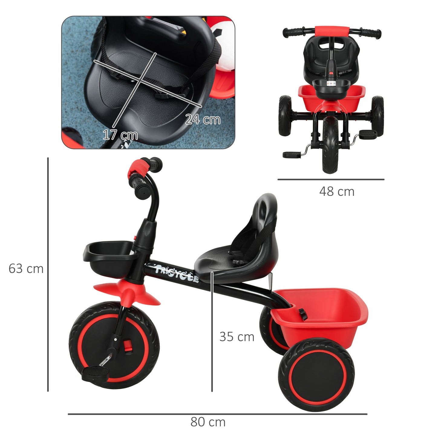 AIYAPLAY Kids Trike for 2-5 Years with Adjustable Seat, Pedal, Baskets in Red-1