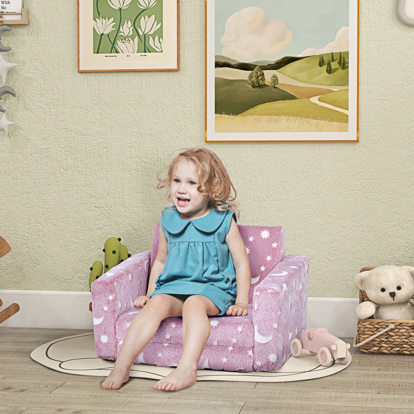 Childrens Sofa Beds 2 in 1 Kids Foldable Chair with Glow in The Dark Stars Moon Design, Washable Cushion and Cover in Pink | AIYAPLAY-8