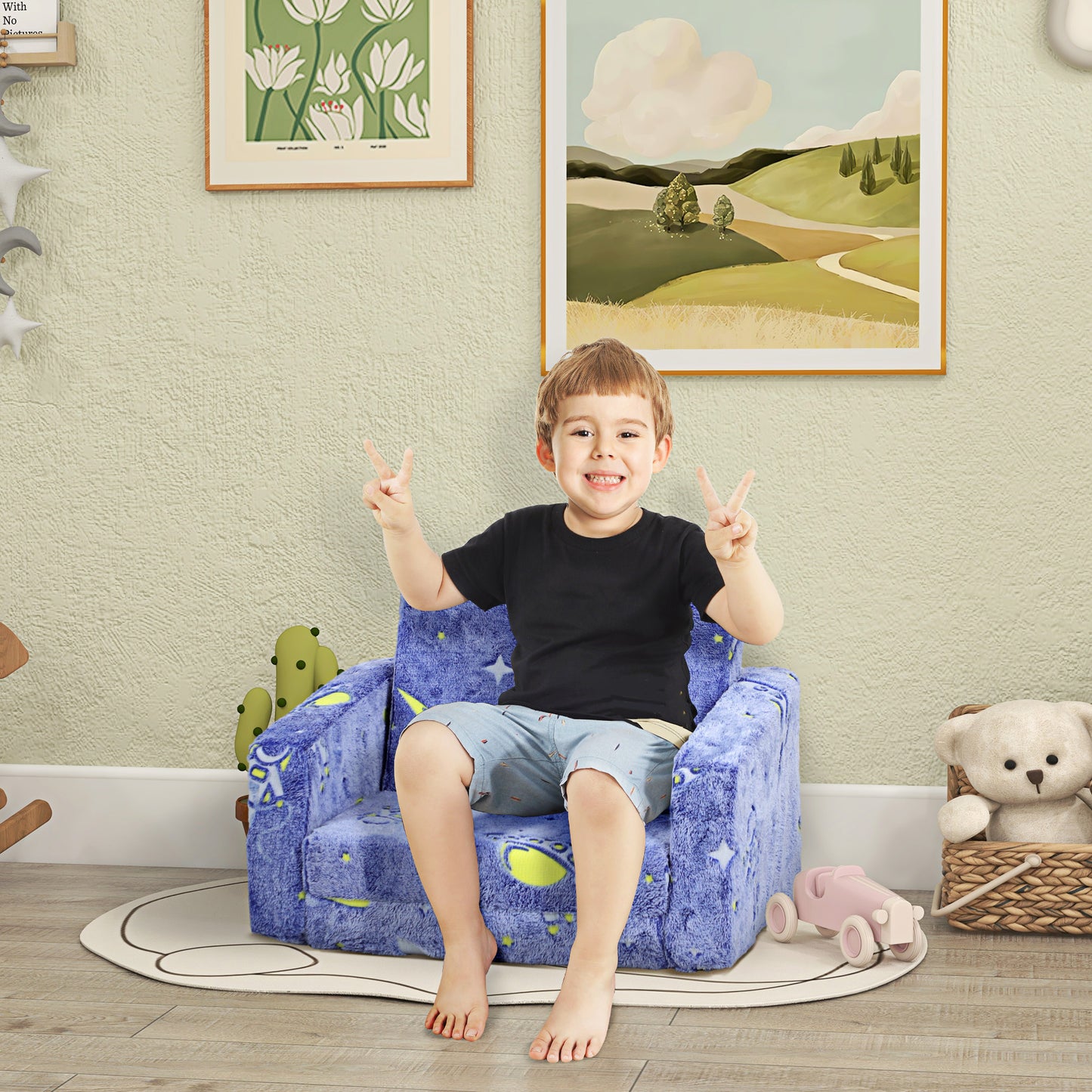 Childrens Sofa Beds 2 in 1 Kids Foldable Chair Bed with Glow in The Dark Cosmic Design, Washable Cushion and Cover, Blue | AIYAPLAY-8