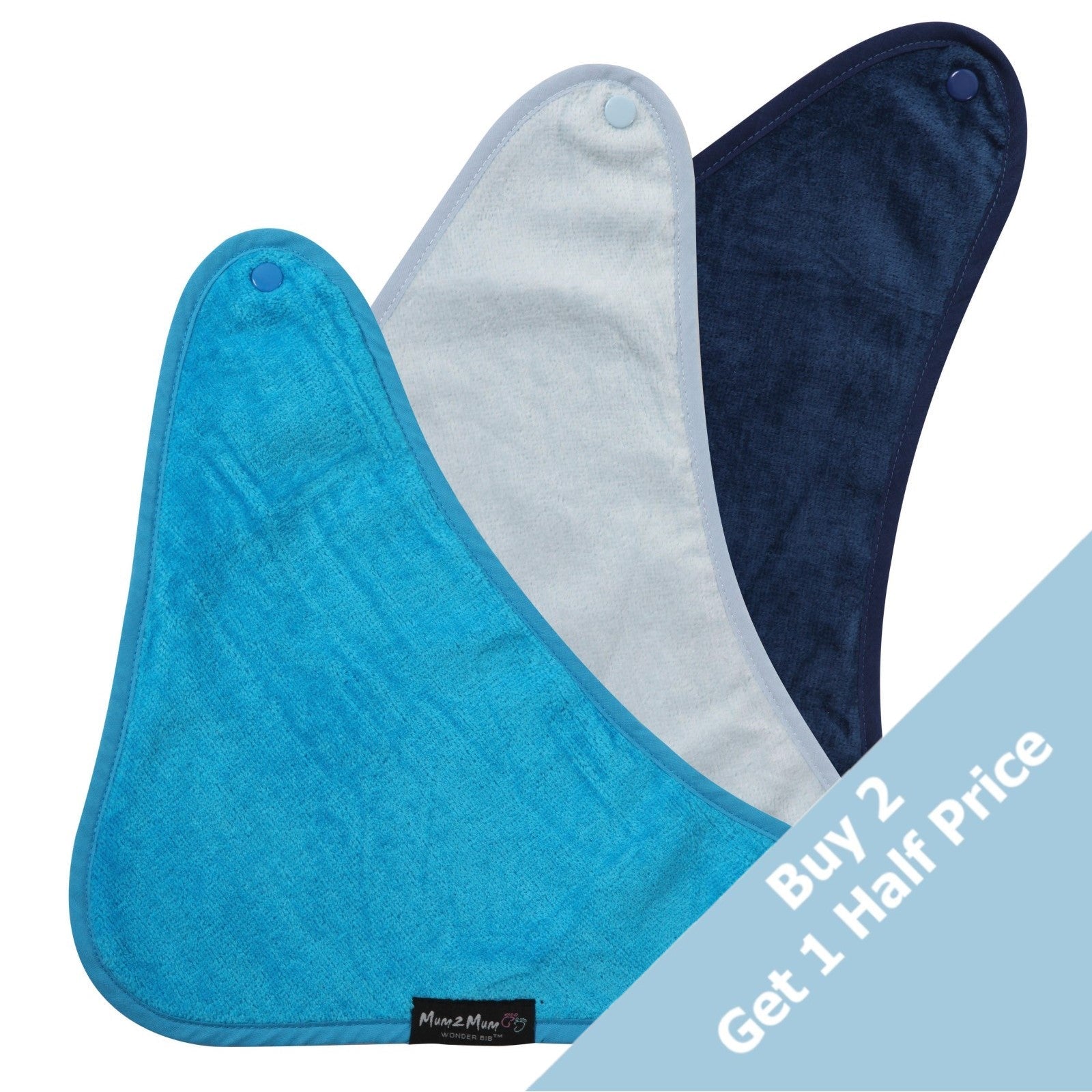 3 PACK - Mum 2 Mum Bandana Style Baby Bibs - Navy / Baby Blue / Teal