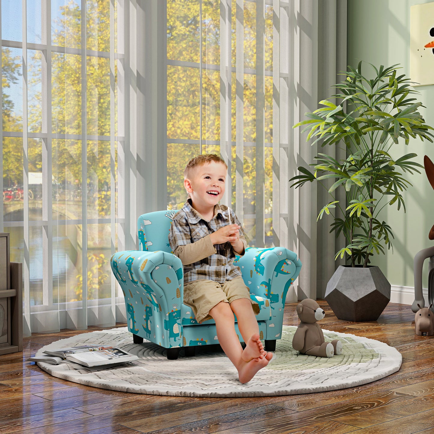 2 Piece Kids Sofa Set with Dinosaur Design, Wooden Frame, for 1.5-3 Years Old in Blue by AIYAPLAY-8