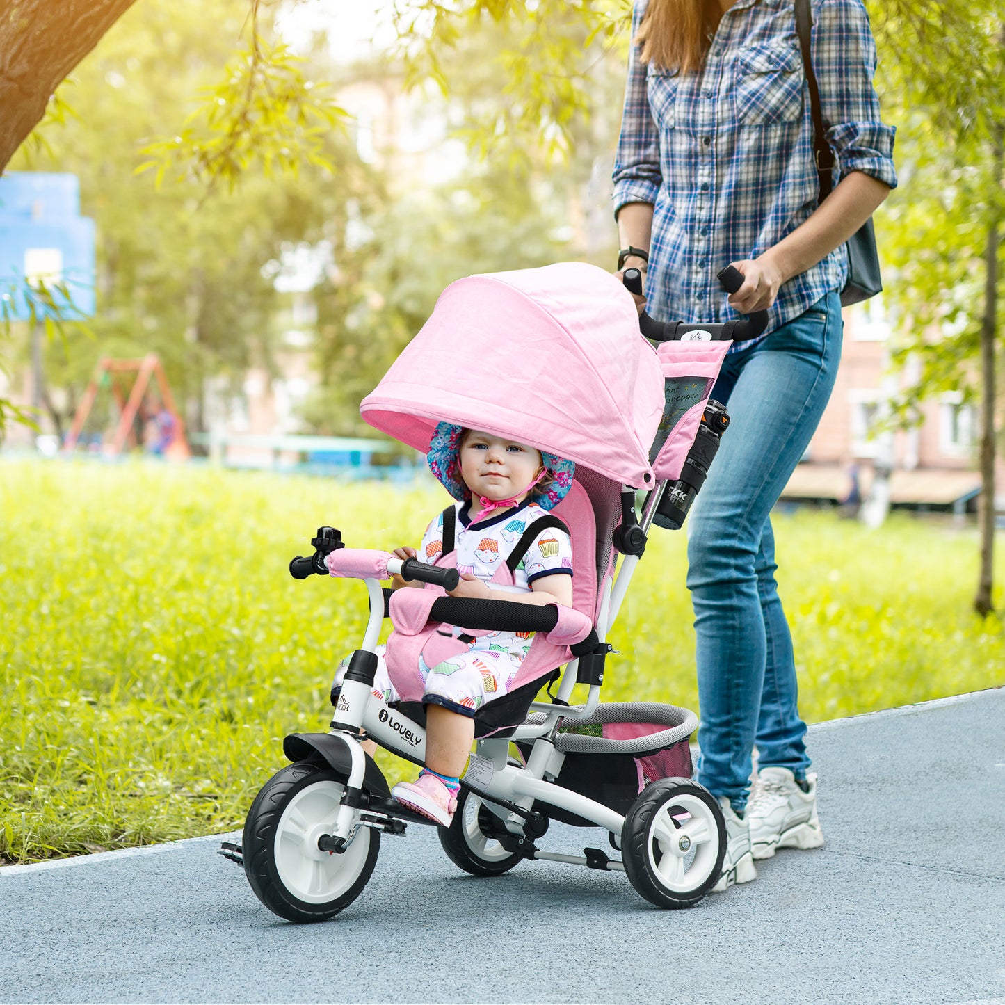 4 in 1 Kids Trike Push Bike w/ Push Handle, Canopy, 5-point Safety Belt, Storage, Footrest, Brake, for 1-5 Years, Pink | HOMCOM-8