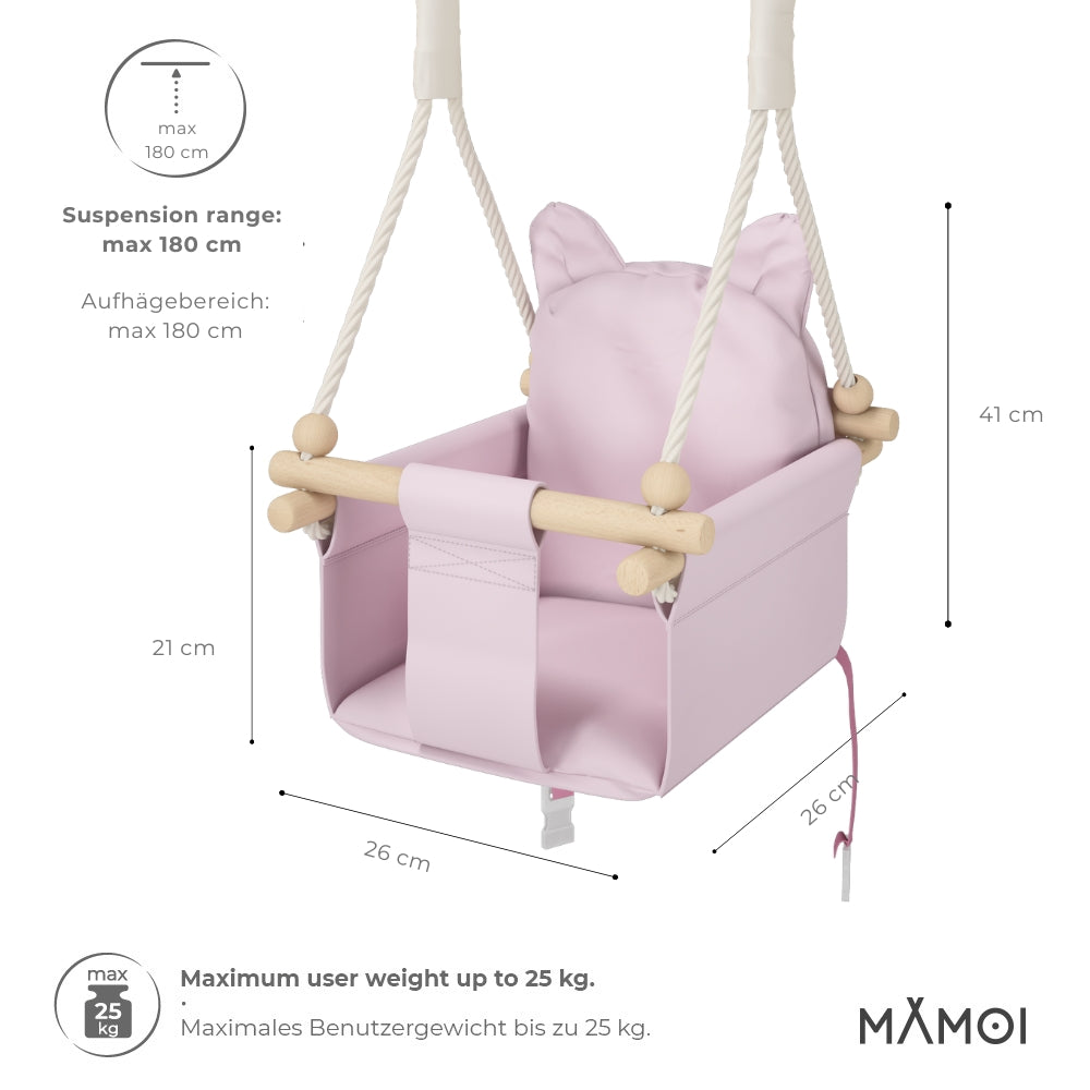 MAMOI® Wooden baby swing seat for toddlers Pink, Indoor toddler swings chair from birth, Kids baby bouncer for garden, Child rocker swing set from 8 months-1