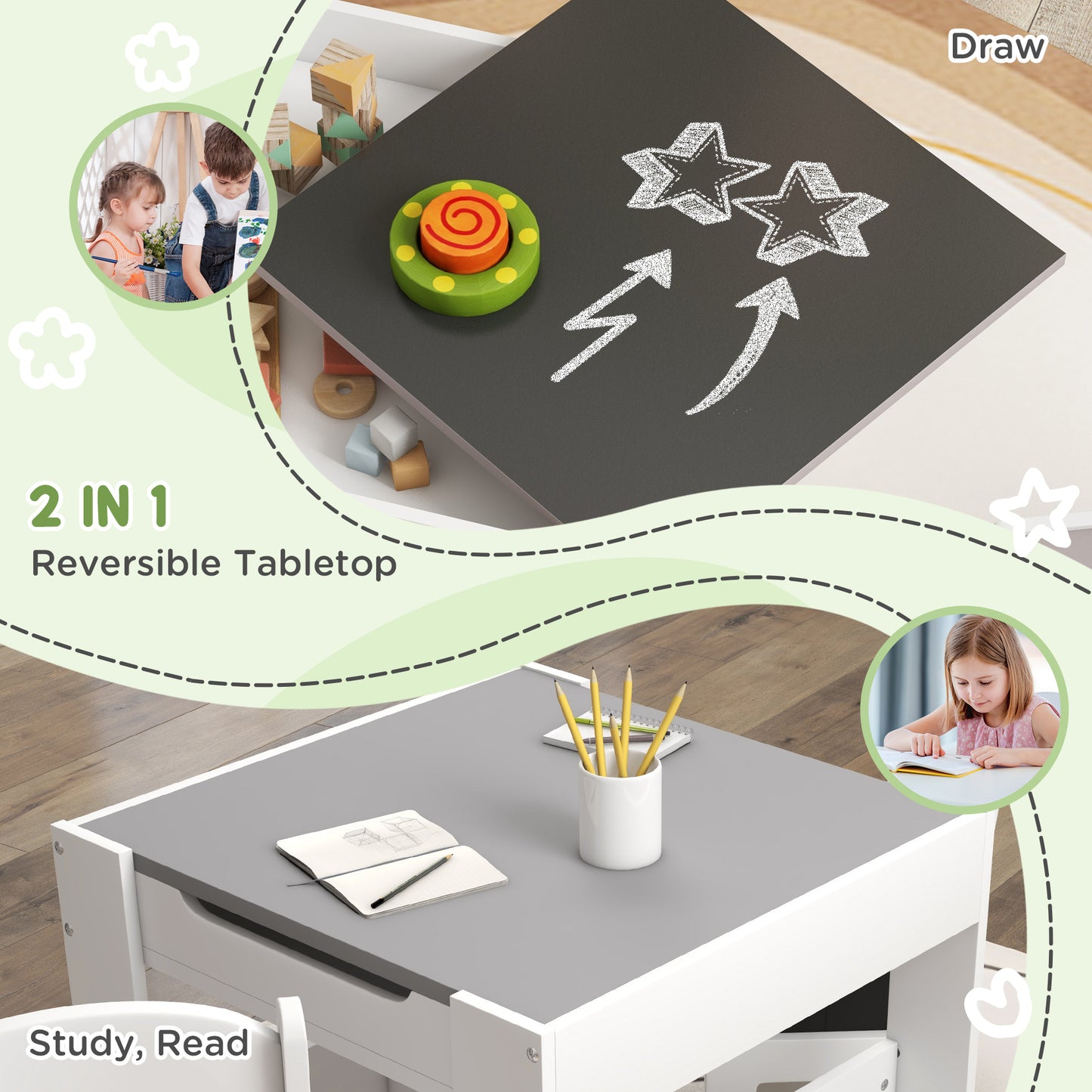 3PCs Kids Table and Chair Set with Blackboard, Storage, Bookshelves in Grey | HOMCOM-2