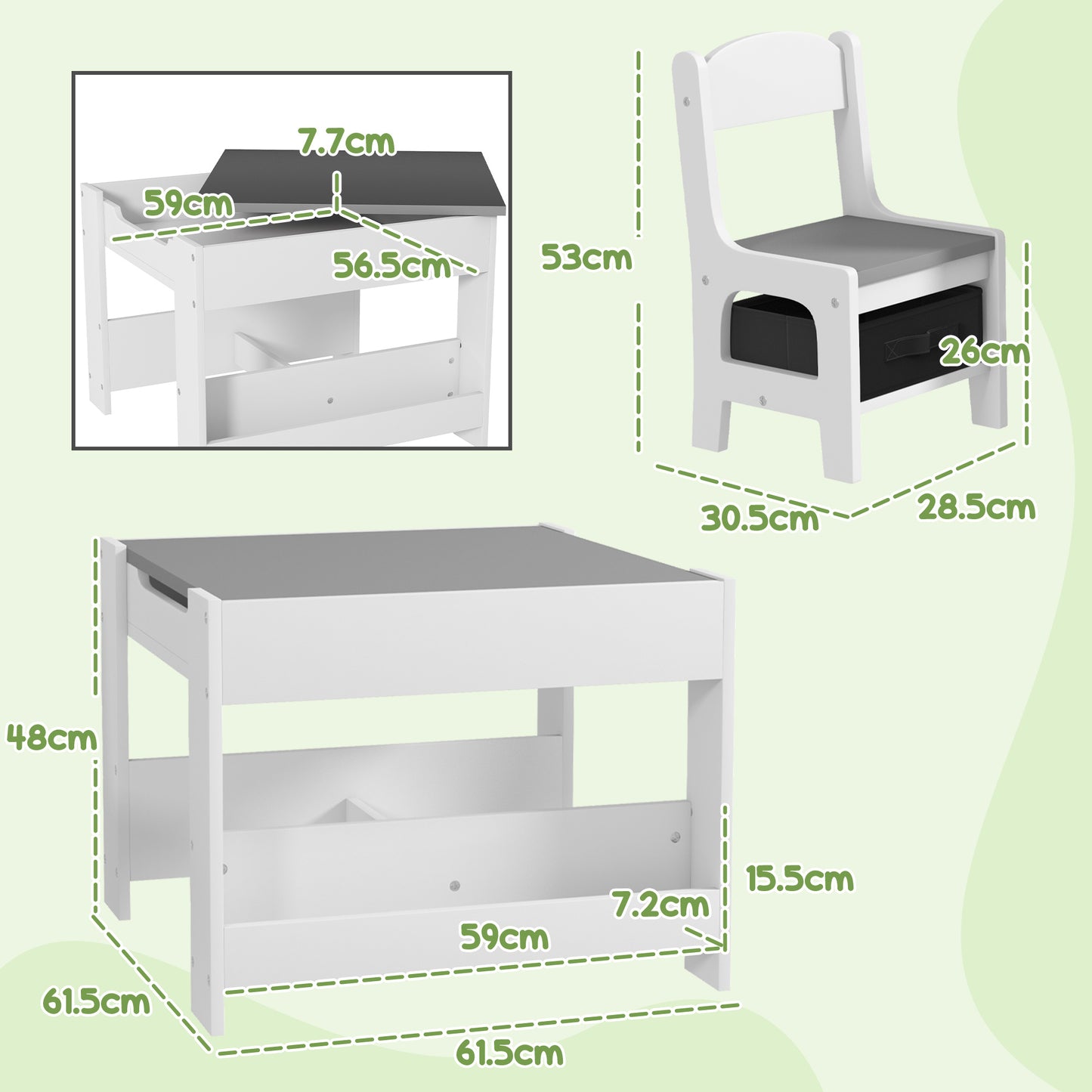 3PCs Kids Table and Chair Set with Blackboard, Storage, Bookshelves in Grey | HOMCOM-1