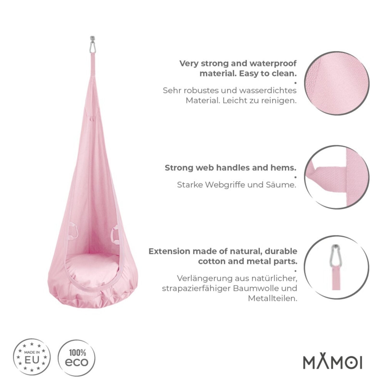 MAMOI® Swing hanging chair Pink, Indoor hammock, Sensory swing seat for bedroom for kids, Child door swinging nest for autism, Garden egg swings for children-2