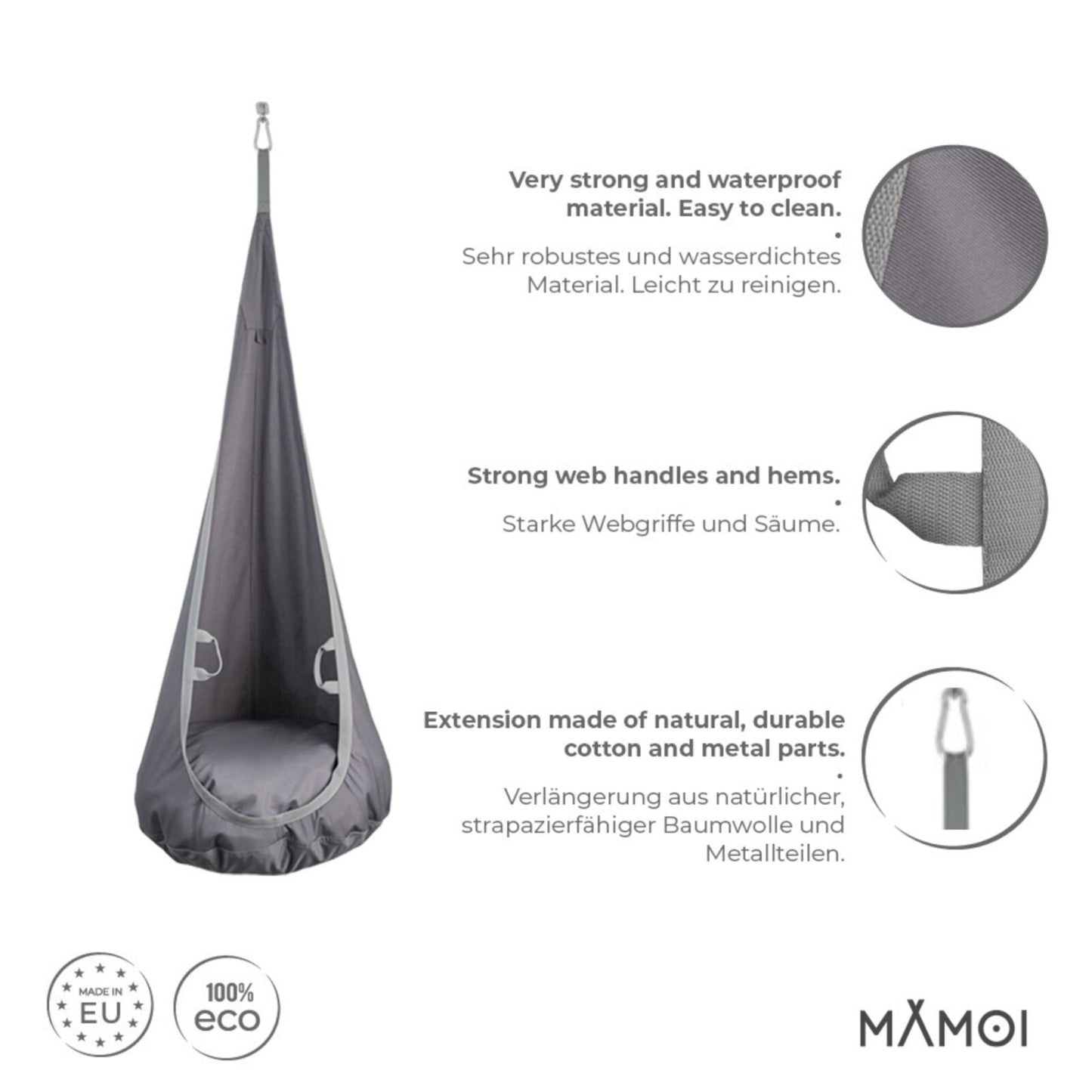 MAMOI® Swing hanging chair Grey, Indoor hammock, Sensory swing seat for bedroom for kids, Child door swinging nest for autism, Garden egg swings for children-2