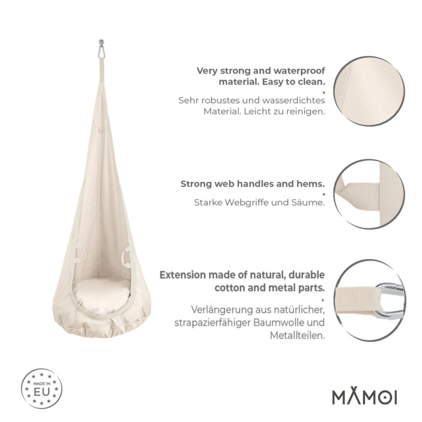 MAMOI® Swing hanging chair Beige, Indoor hammock, Sensory swing seat for bedroom for kids, Child door swinging nest for autism, Garden egg swings for children-2