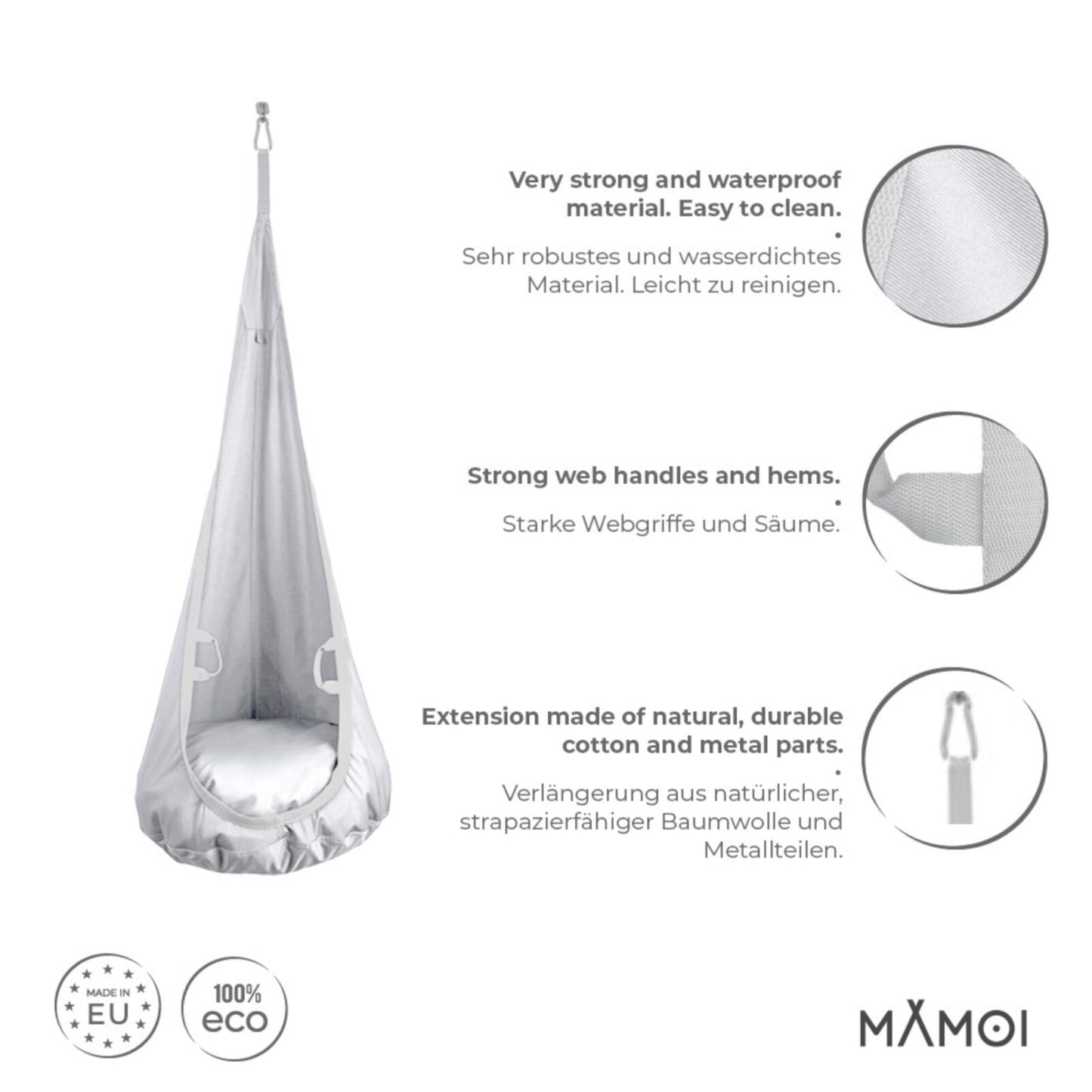 MAMOI® Swing hanging chair Light grey, Indoor hammock, Sensory swing seat for bedroom for kids, Child door swinging nest for autism, Garden egg swings for children-2