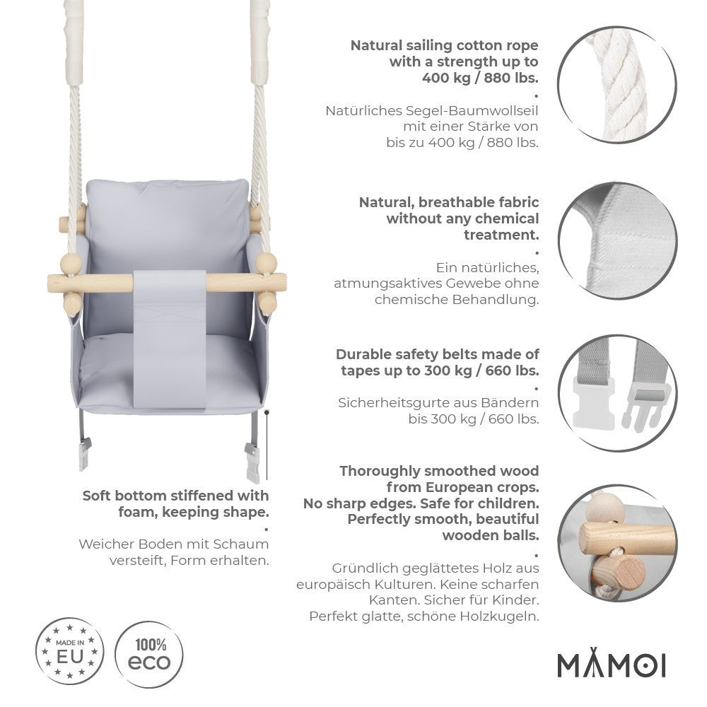 MAMOI® Wooden baby swing seat for toddlers Light grey, Indoor toddler swings chair from birth, Kids baby bouncer for garden, Child rocker swing set from 8 months-2