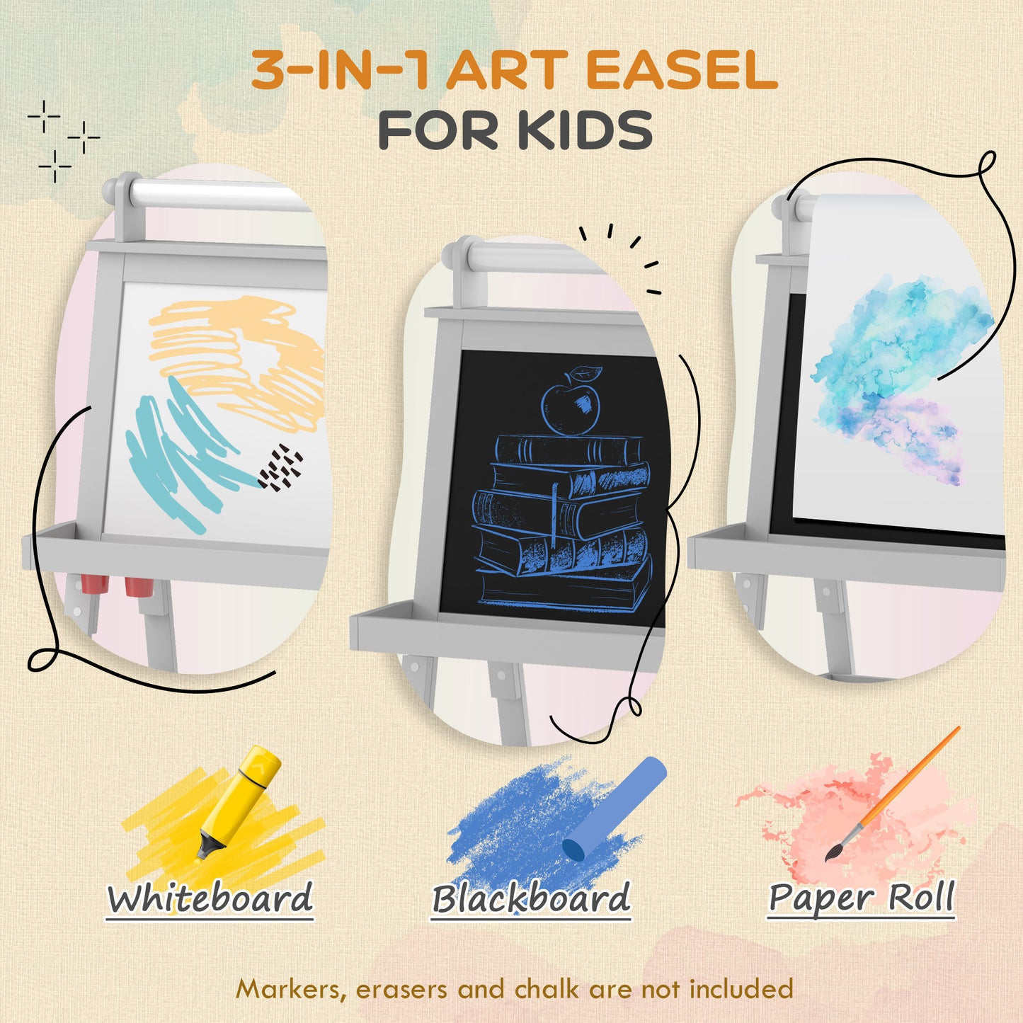 AIYAPLAY 3 in 1 Kids Easel Double-Sided Magnetic Whiteboard and Chalkboard with Paper Roll, Storage Baskets in Grey-2