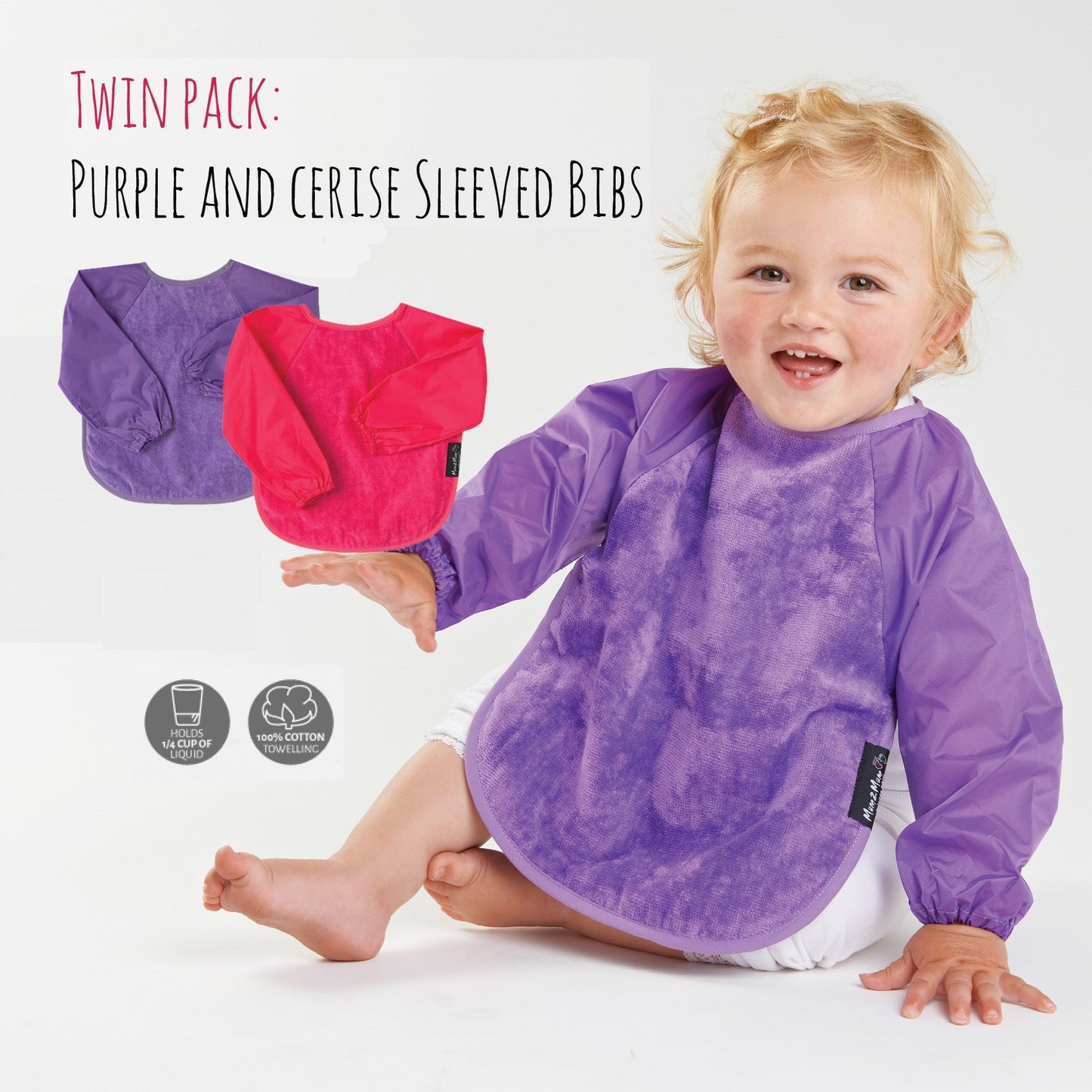 2 PACK - Mum 2 Mum Long Sleeved Wonder Bibs LARGE 18m - 3 years - Purple & Cerise