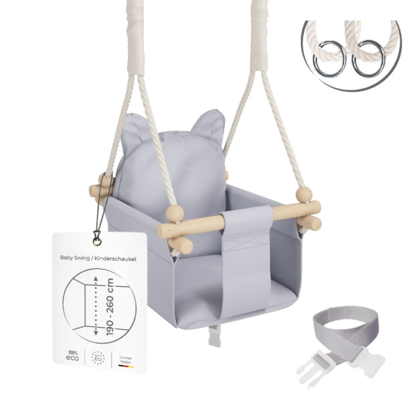 MAMOI® Wooden baby swing seat for toddlers Light grey, Indoor toddler swings chair from birth, Kids baby bouncer for garden, Child rocker swing set from 8 months-0