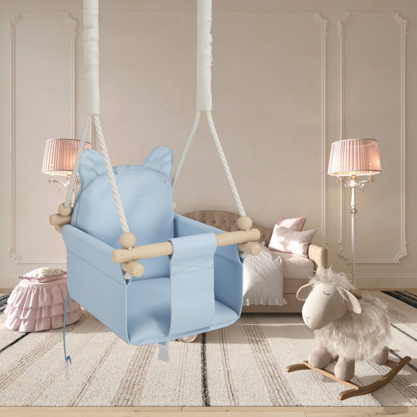 MAMOI® Wooden baby swing seat for toddlers Blue, Indoor toddler swings chair from birth, Kids baby bouncer for garden, Child rocker swing set from 8 months-3