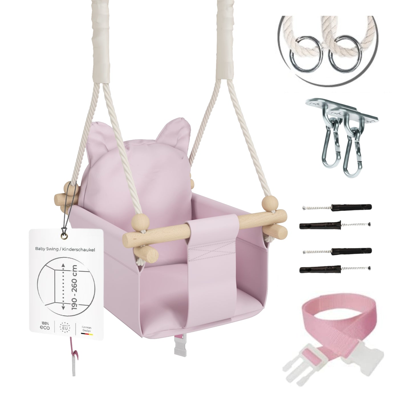 MAMOI® Wooden baby swing seat for toddlers Pink, Indoor toddler swings chair from birth, Kids baby bouncer for garden, Child rocker swing set from 8 months-0