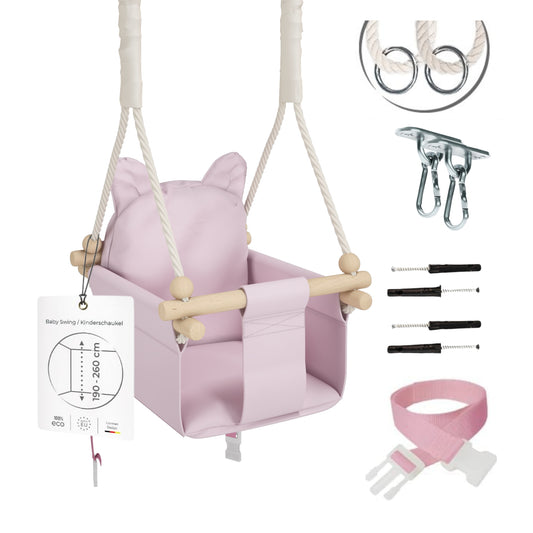 MAMOI® Wooden baby swing seat for toddlers Pink, Indoor toddler swings chair from birth, Kids baby bouncer for garden, Child rocker swing set from 8 months-0