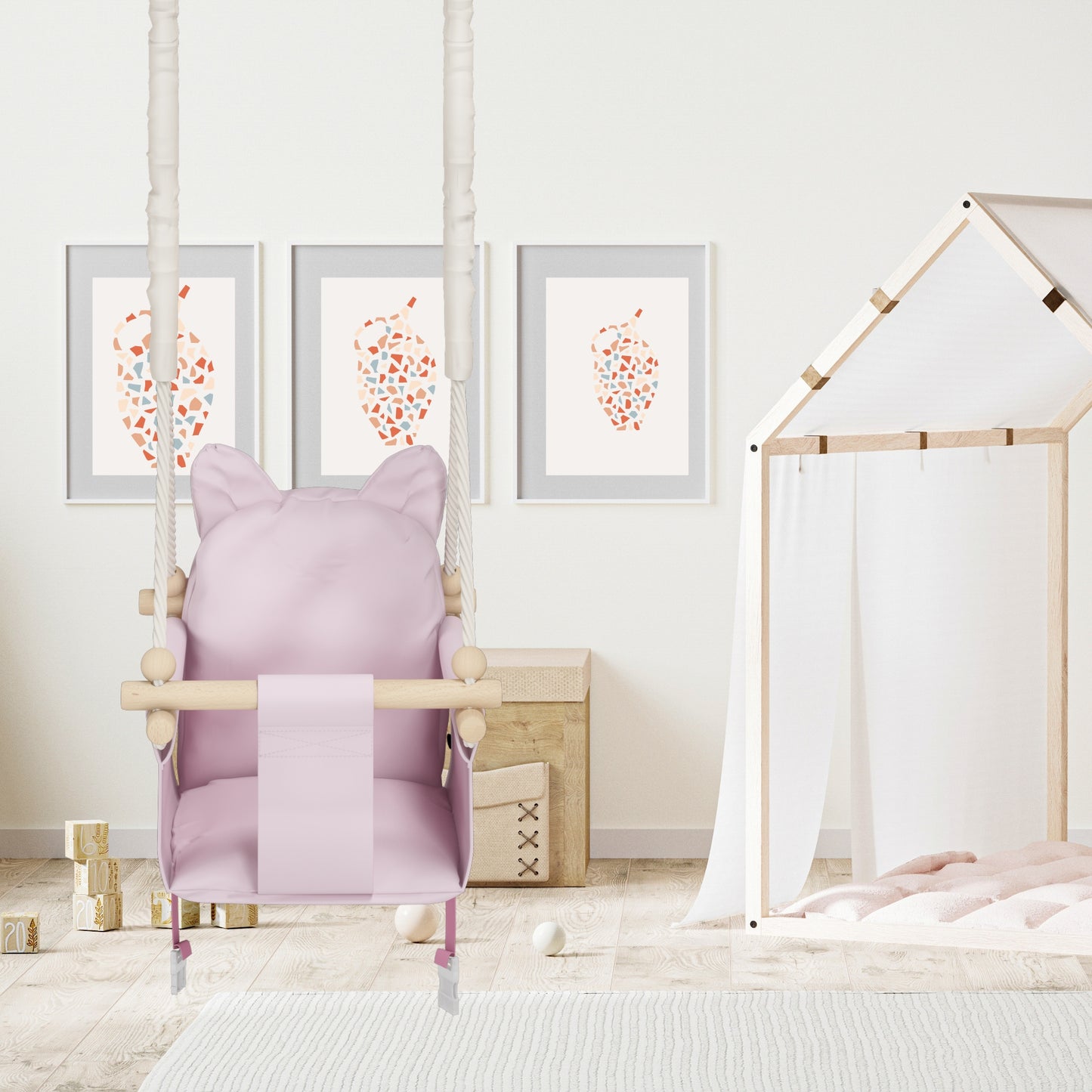 MAMOI® Wooden baby swing seat for toddlers Pink, Indoor toddler swings chair from birth, Kids baby bouncer for garden, Child rocker swing set from 8 months-6