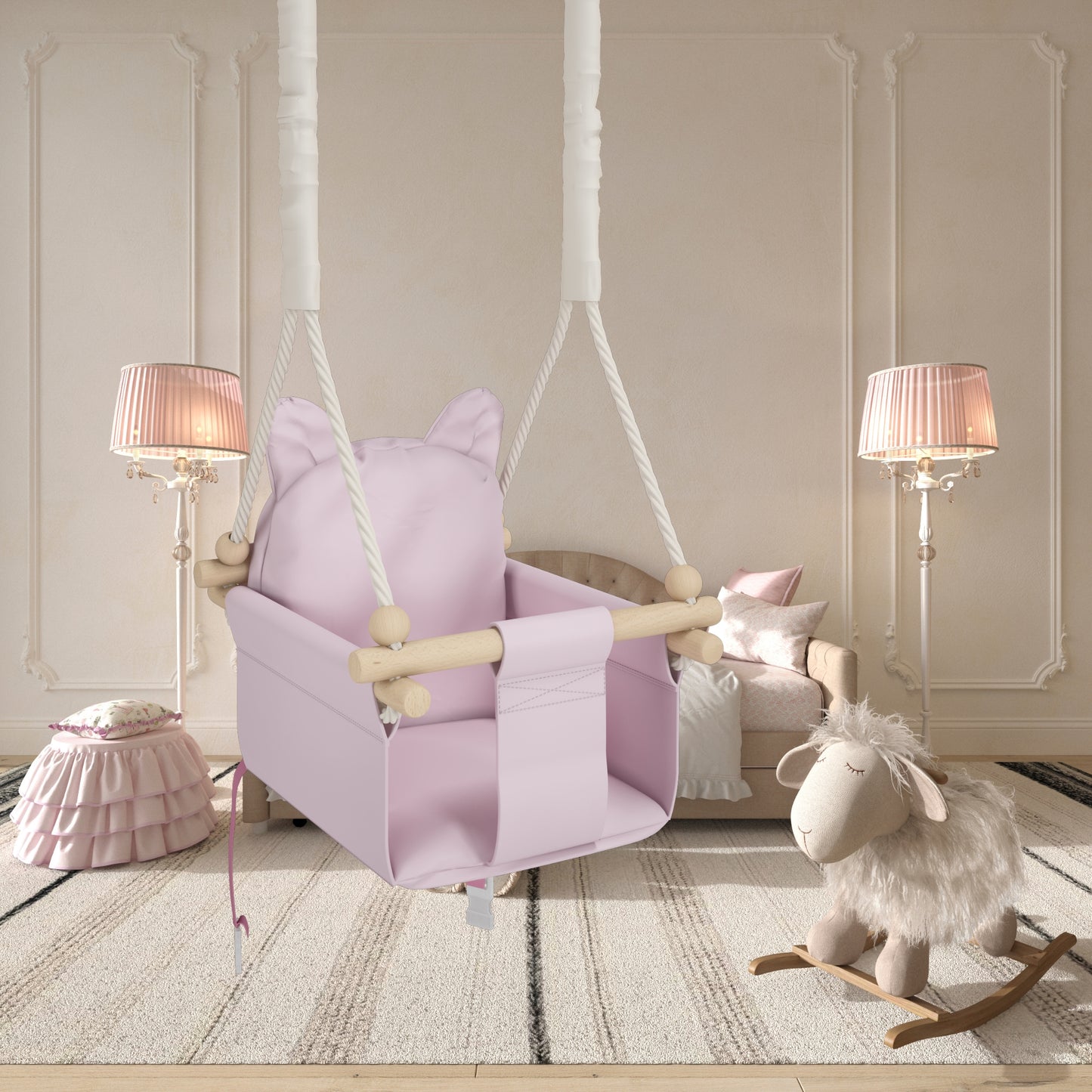 MAMOI® Wooden baby swing seat for toddlers Pink, Indoor toddler swings chair from birth, Kids baby bouncer for garden, Child rocker swing set from 8 months-5