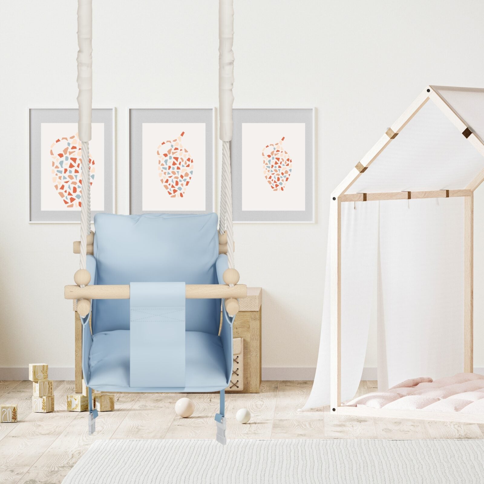 MAMOI® Wooden baby swing seat for toddlers Blue, Indoor toddler swings chair from birth, Kids baby bouncer for garden, Child rocker swing set from 8 months-3