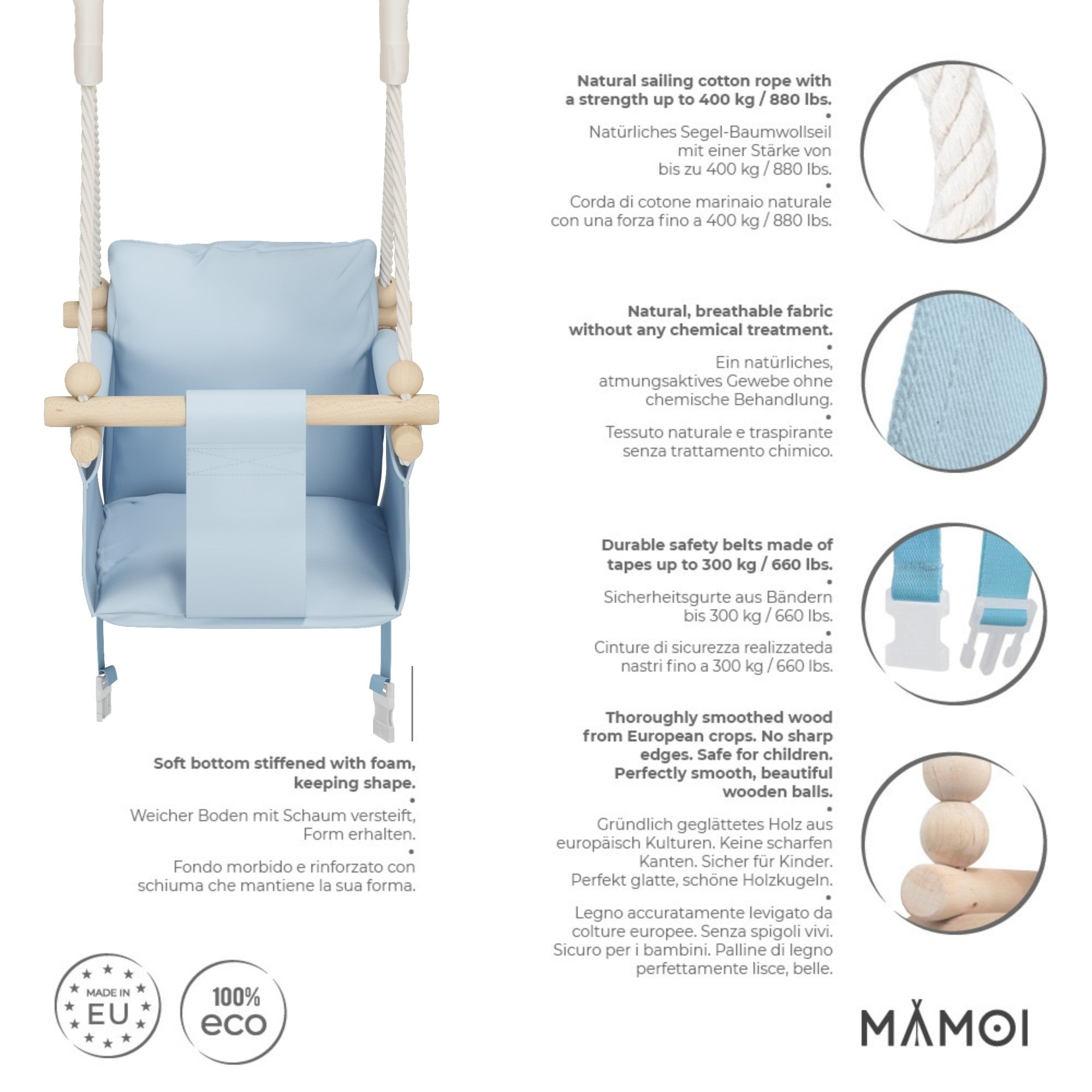 MAMOI® Wooden baby swing seat for toddlers Blue, Indoor toddler swings chair from birth, Kids baby bouncer for garden, Child rocker swing set from 8 months-2