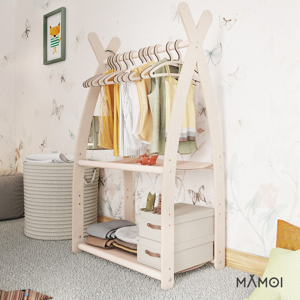 MAMOI® Children clothes rail Beige 53x95x32cm | Dressing up rail for kids made of natural wood | Baby wardrobe clothes storage modern design | Baby accessories | 100% ECO | MADE in EU-4