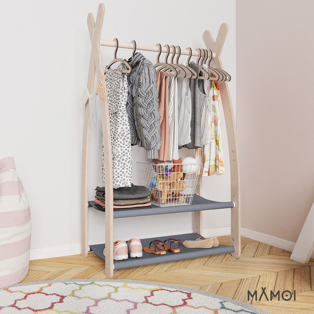 MAMOI® Children clothes rail Grey 53x95x32cm | Dressing up rail for kids made of natural wood | Baby wardrobe clothes storage modern design | Baby accessories | 100% ECO | MADE in EU-5