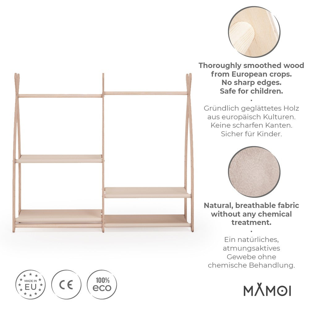 MAMOI® Children clothes rail Beige 95x106x32cm | Dressing up rail for kids made of natural wood | Baby wardrobe clothes storage modern design | Baby accessories | 100% ECO | MADE in EU-1