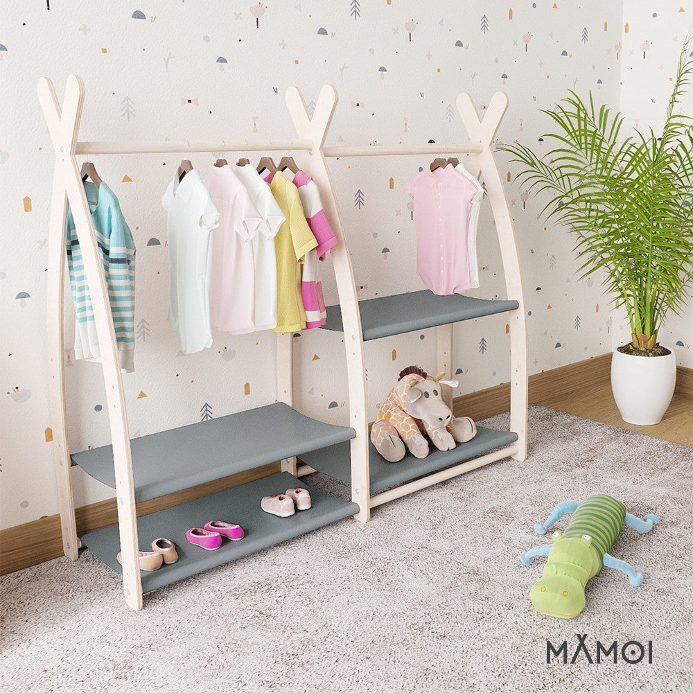 MAMOI® Children clothes rail Grey 95x106x32cm | Dressing up rail for kids made of natural wood | Baby wardrobe clothes storage modern design | Baby accessories | 100% ECO | MADE in EU-4