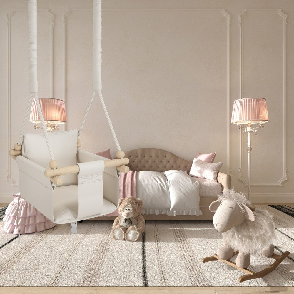 MAMOI® Wooden baby swing seat for toddlers Beige, Indoor toddler swings chair from birth, Kids baby bouncer for garden, Child rocker swing set from 8 months-3