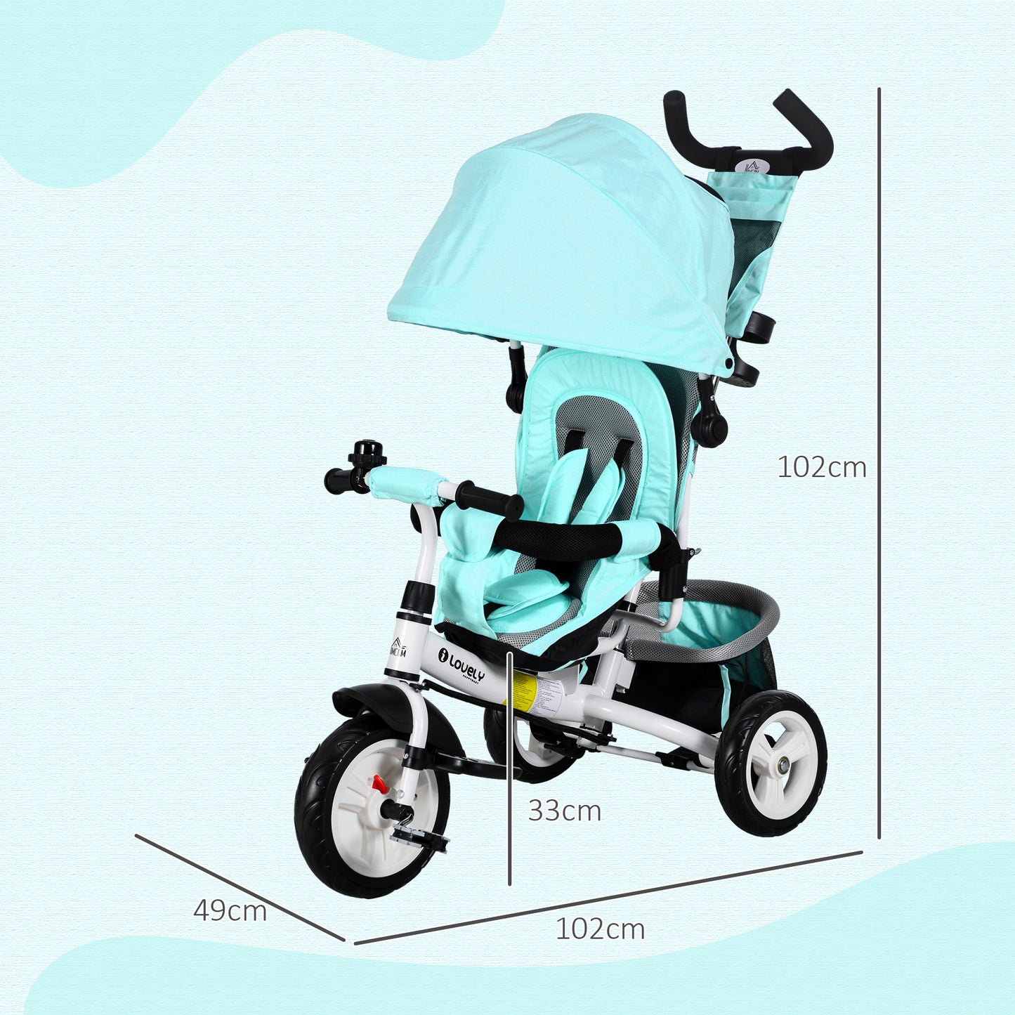 4 in 1 Kids Trike Push Bike w/ Push Handle, Canopy, 5-point Safety Belt, Storage, Footrest, Brake, for 1-5 Years, Green | HOMCOM-1