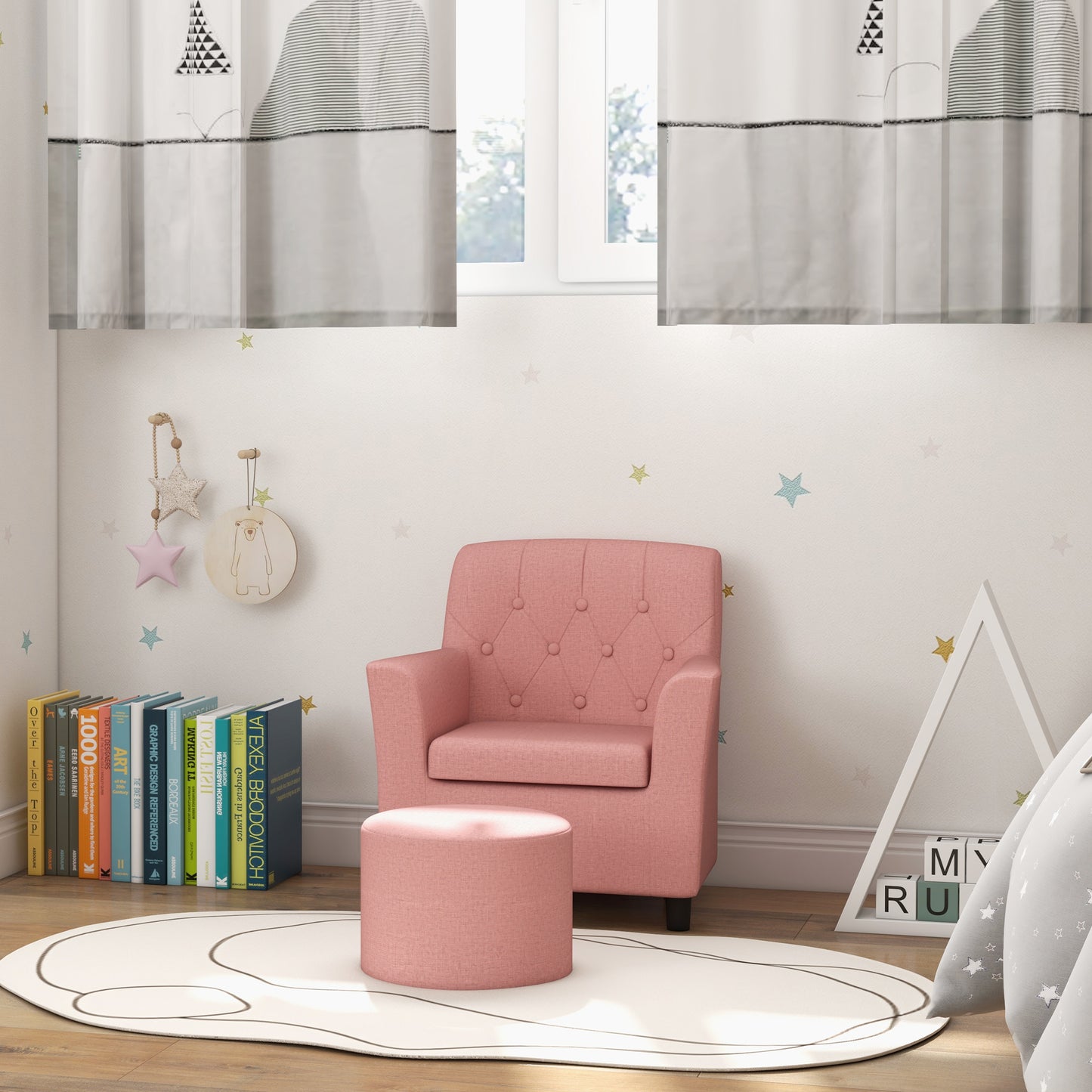 AIYAPLAY 2PCs Kids Sofa Set with Footrest, for Playroom, Bedroom in Pink-6