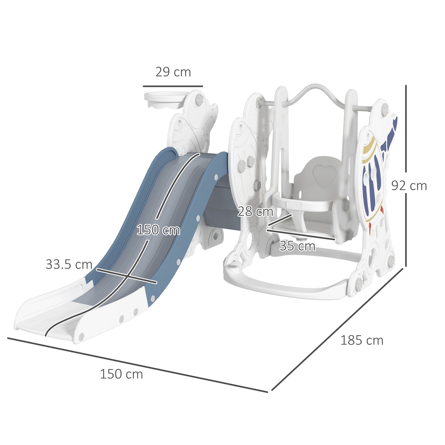 AIYAPLAY Space-Themed Kids Slide and Swing Set with Basketball Hoop in Blue-1