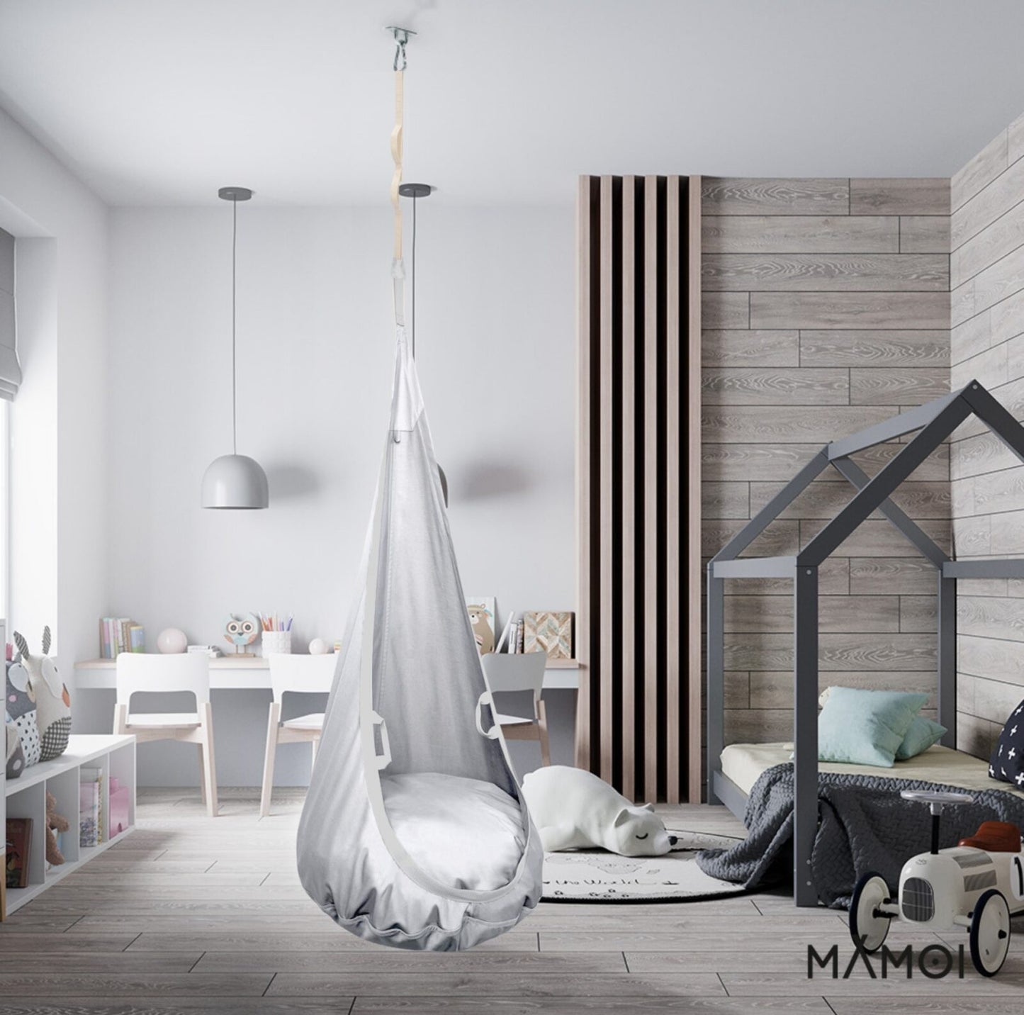 MAMOI® Swing hanging chair Light grey, Indoor hammock, Sensory swing seat for bedroom for kids, Child door swinging nest for autism, Garden egg swings for children-4