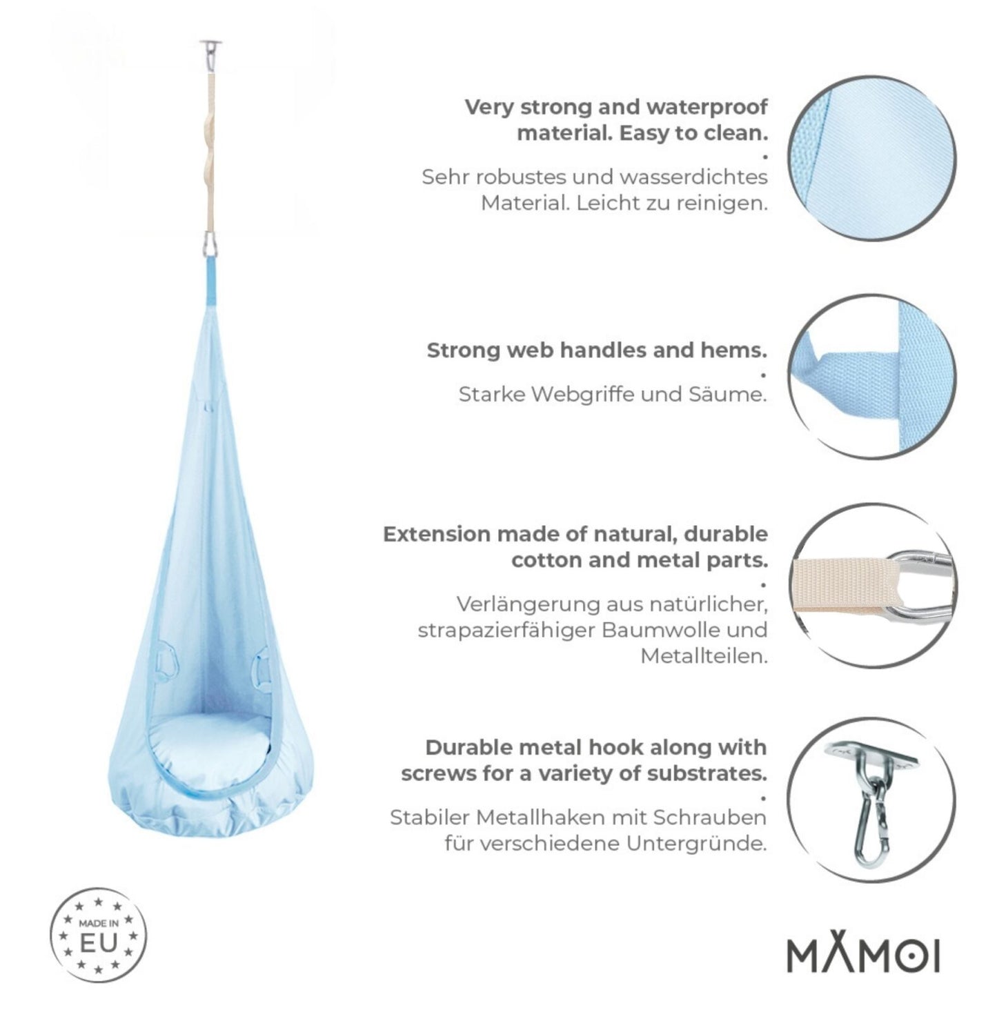 MAMOI® Swing hanging chair Blue, Indoor hammock, Sensory swing seat for bedroom for kids, Child door swinging nest for autism, Garden egg swings for children-2