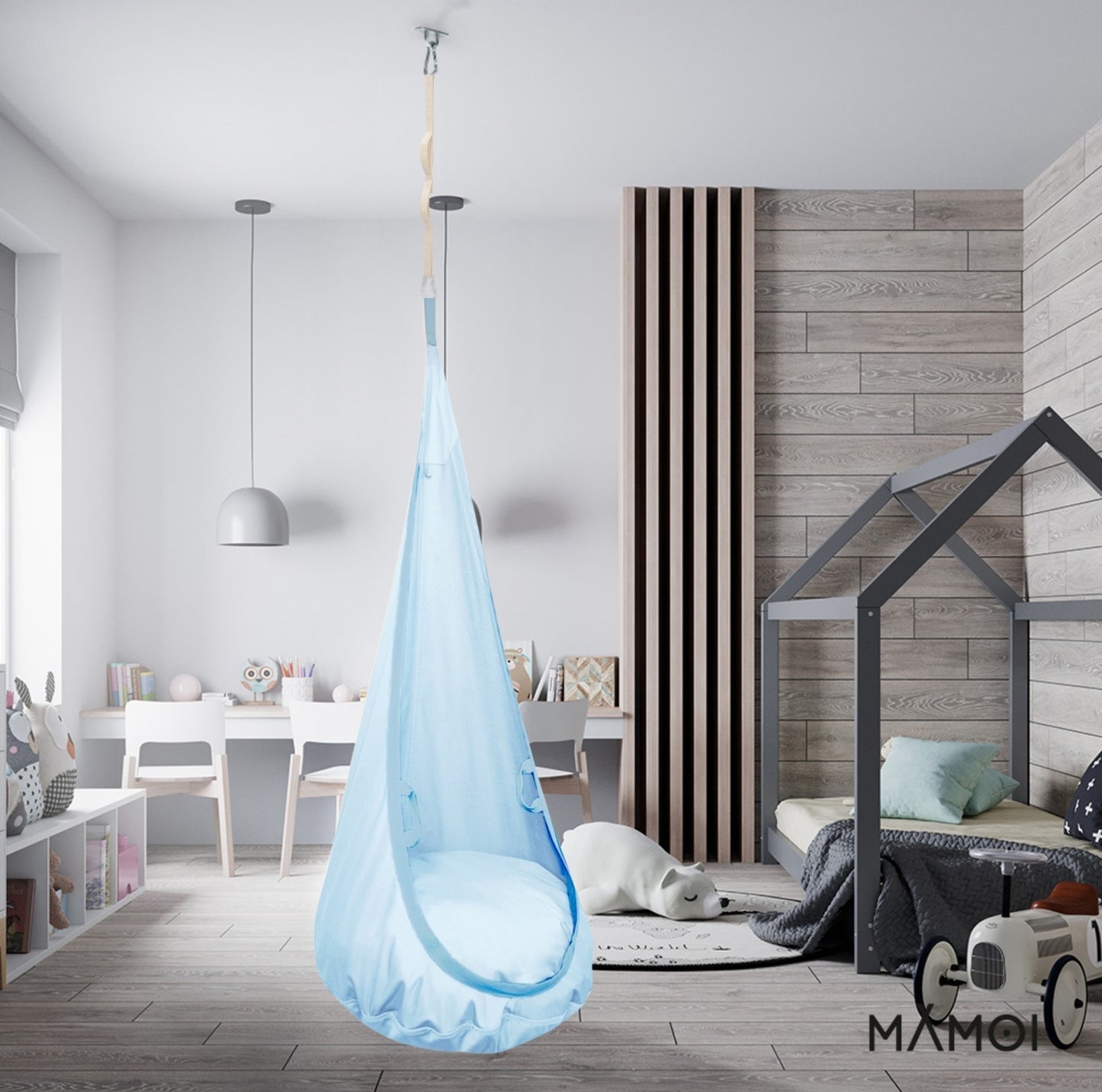 MAMOI® Swing hanging chair Blue, Indoor hammock, Sensory swing seat for bedroom for kids, Child door swinging nest for autism, Garden egg swings for children-4