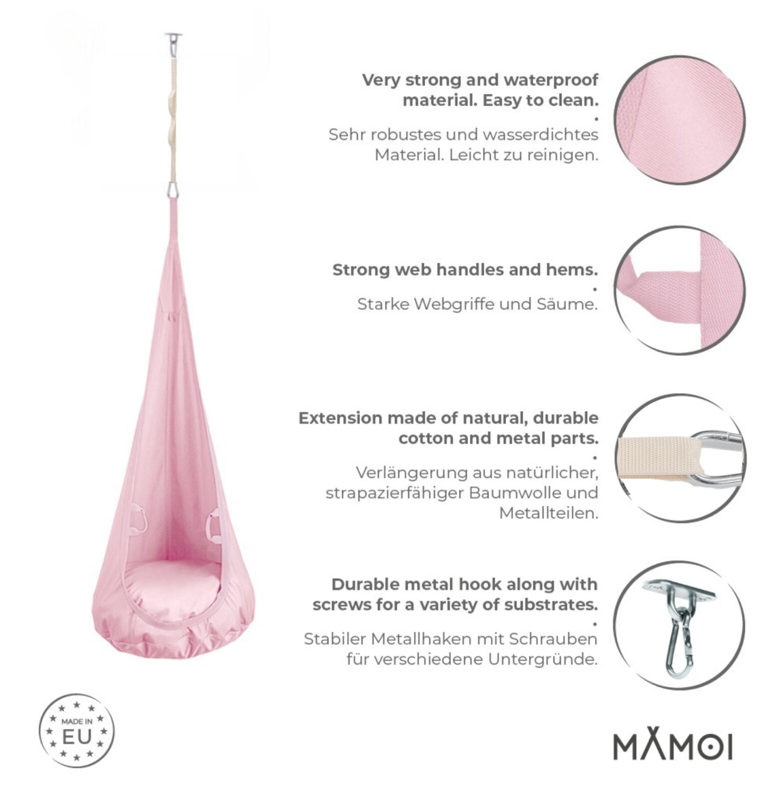 MAMOI® Swing hanging chair Pink, Indoor hammock, Sensory swing seat for bedroom for kids, Child door swinging nest for autism, Garden egg swings for children-2