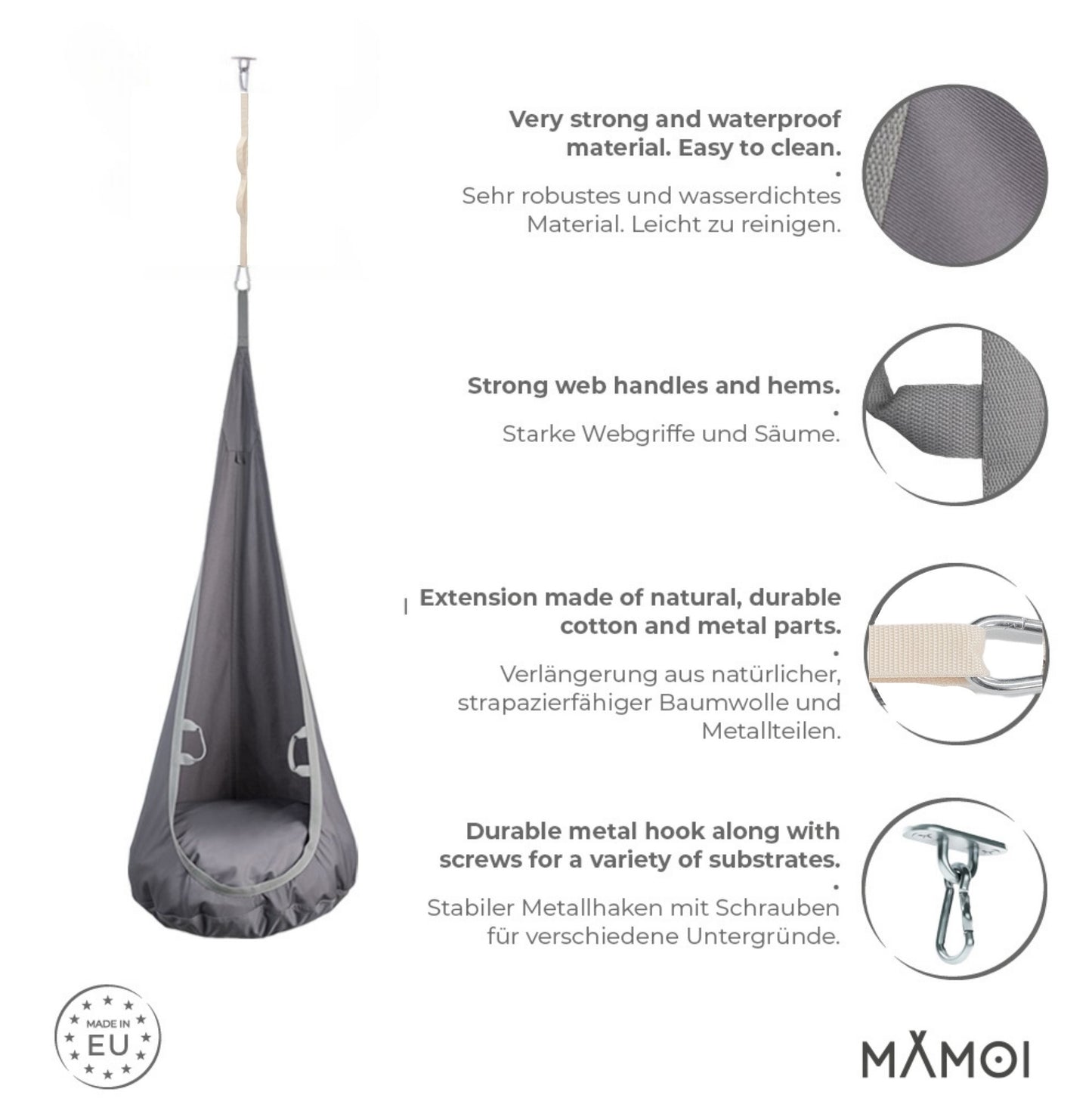 MAMOI® Swing hanging chair Grey, Indoor hammock, Sensory swing seat for bedroom for kids, Child door swinging nest for autism, Garden egg swings for children-2