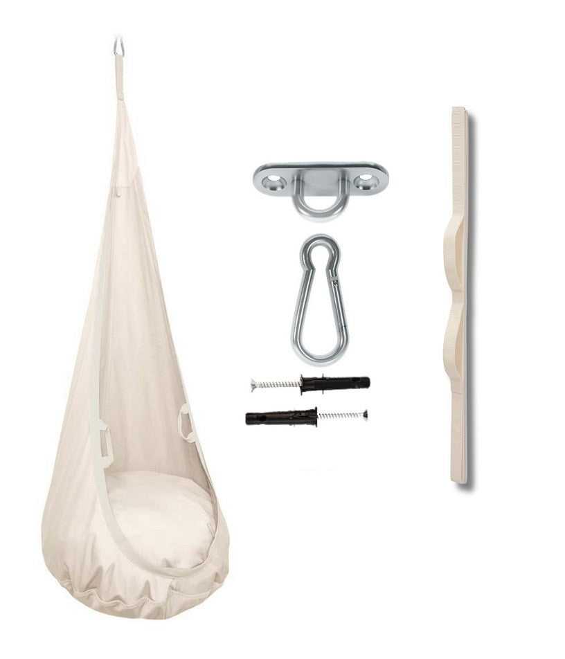 MAMOI® Swing hanging chair Beige, Indoor hammock, Sensory swing seat for bedroom for kids, Child door swinging nest for autism, Garden egg swings for children-0