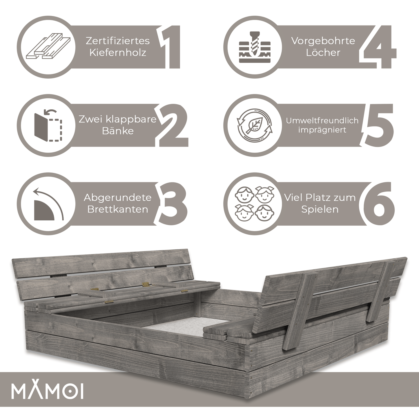 MAMOI Sandbox with cover 120x120 Sandbox Impregnated Sandbox with benches Wooden toy cover Benches 150x150-2