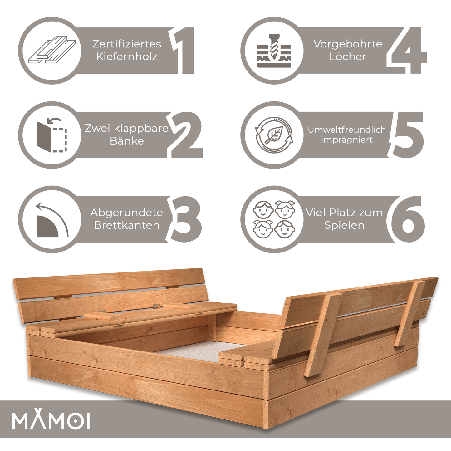 MAMOI Sandbox with cover 120x120 Sandbox Impregnated Sandbox with benches Wooden toy cover Benches 150x150-2