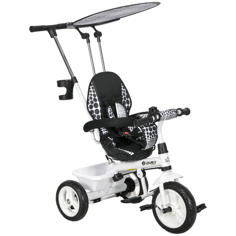 4 in 1 Tricycle for Kids with 5-point harness straps, Removable Canopy in White by HOMCOM-0