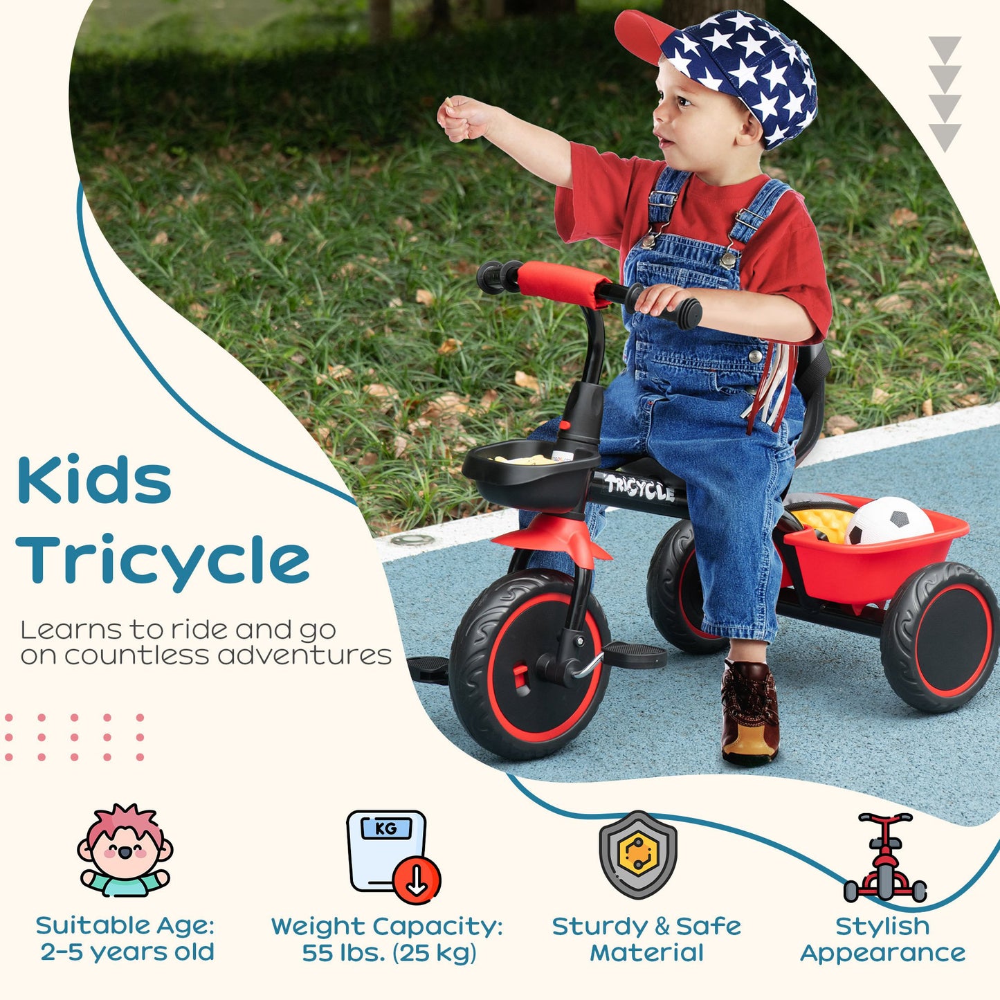 AIYAPLAY Kids Trike for 2-5 Years with Adjustable Seat, Pedal, Baskets in Red-2