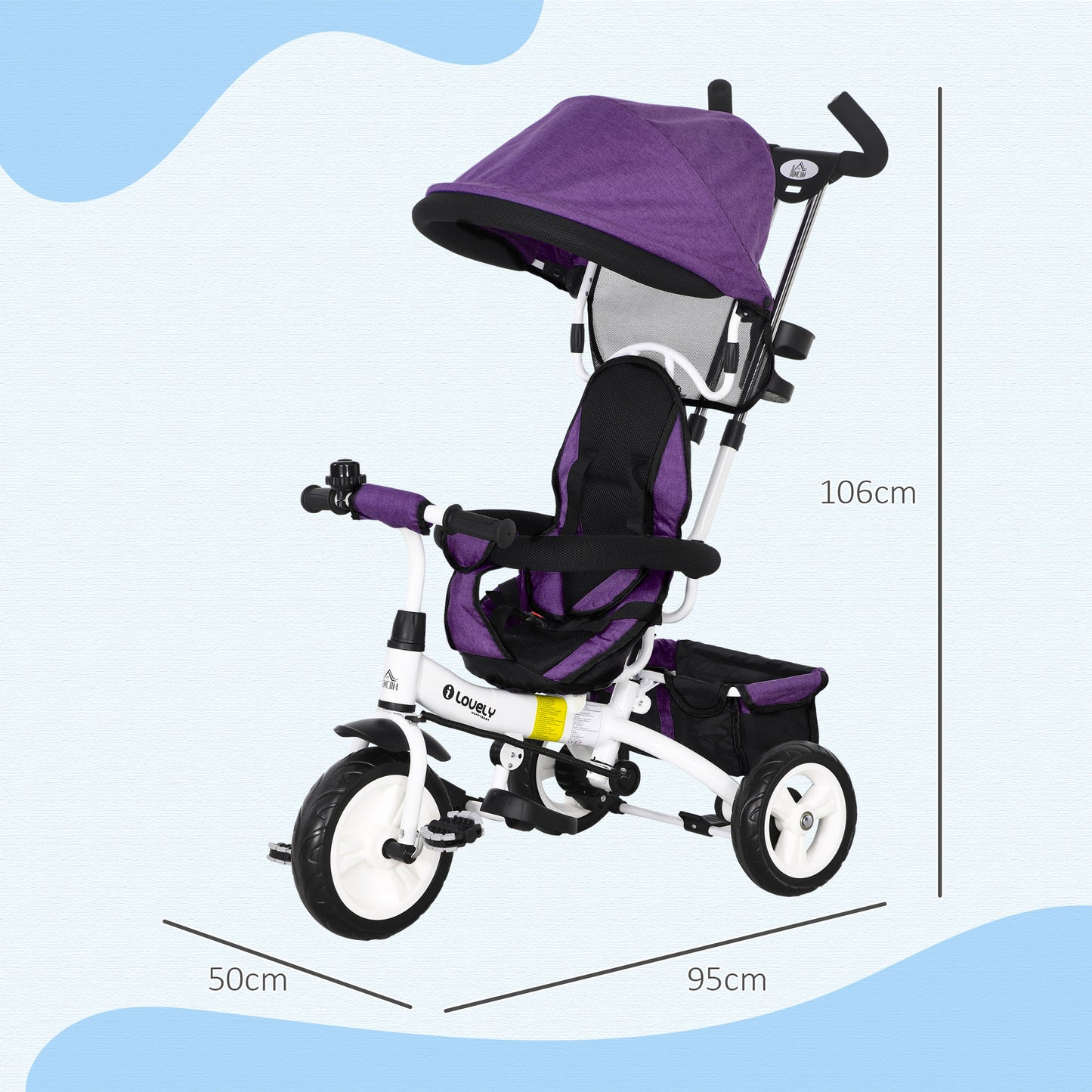 4 in 1 Kids Trike Push Bike w/ Push Handle, Canopy, 5-point Safety Belt, Storage, Footrest, Brake, for 1-5 Years in Purple | HOMCOM-1