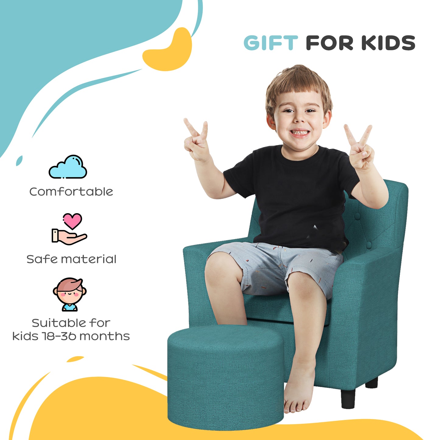 AIYAPLAY 2PCs Kids Sofa Set with Footrest, for Playroom, Bedroom in Blue-5