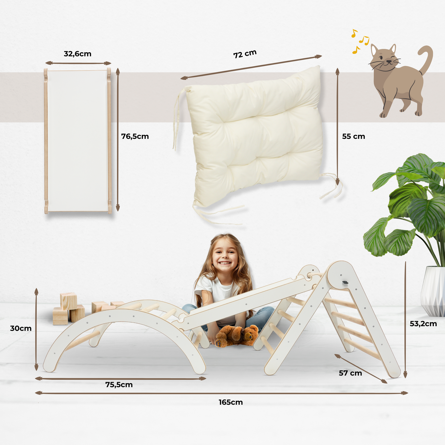 MAMOI® Climbing Frame Climbing Triangle Indoor 4 in 1 SET. Montessori climbing arch with cushions, indoor playground 1-3 years and slide for children.-1