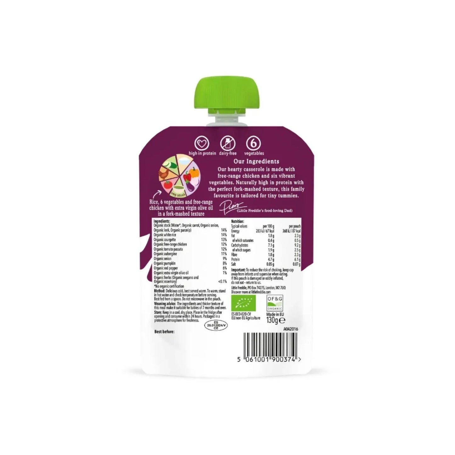Little Freddie Organic Chicken & Rice Casserole Baby Food Pouch 7+ months 130g