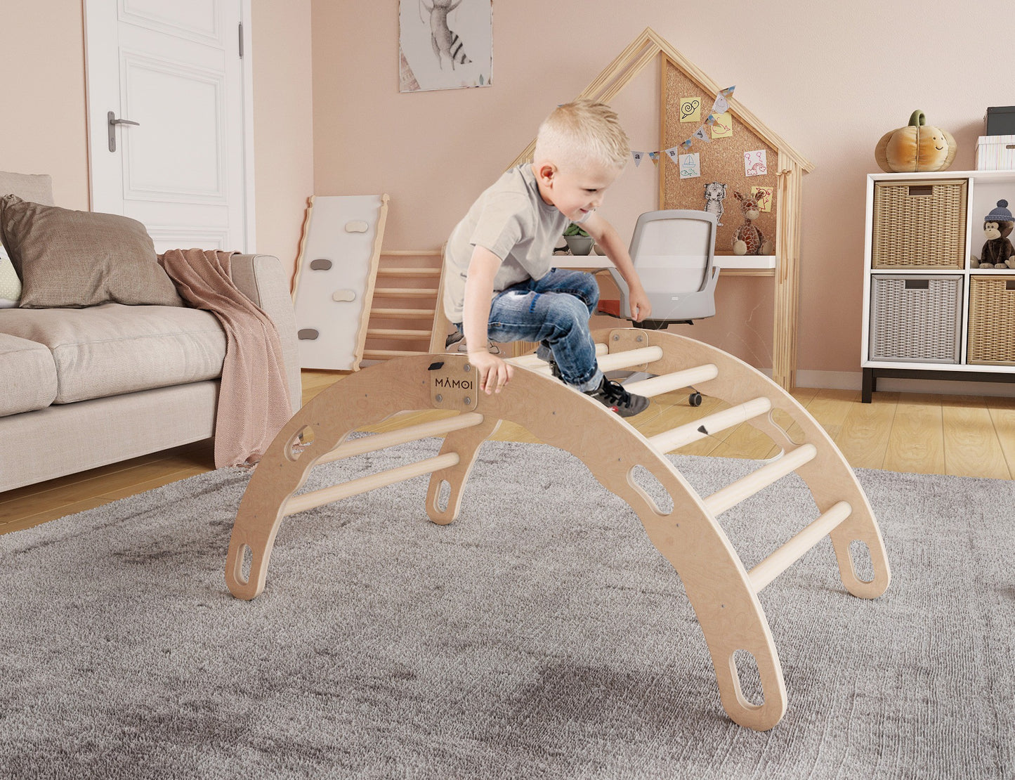 MAMOI® Toddler climbing frame indoor with cushion, Cushion for indoor climbing frame for toddlers, Baby kids climbing dome, Wooden climbing triangle for children from 1/2/3 years-1
